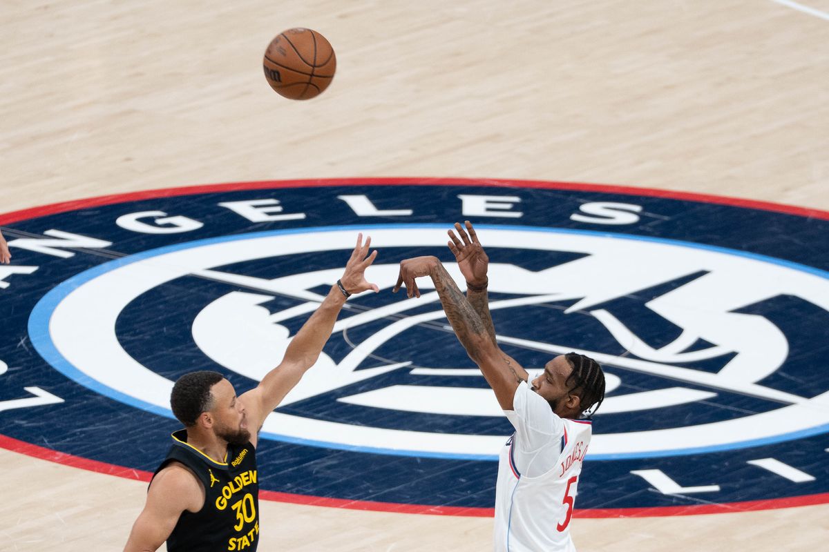 Los Angeles Clippers forward Derrick Jones Jr. (5) shoots a three-pointer during an NBA basketball game against the Golden State Warriors,Sunday April 12th, 2026 in Inglewood, California. 