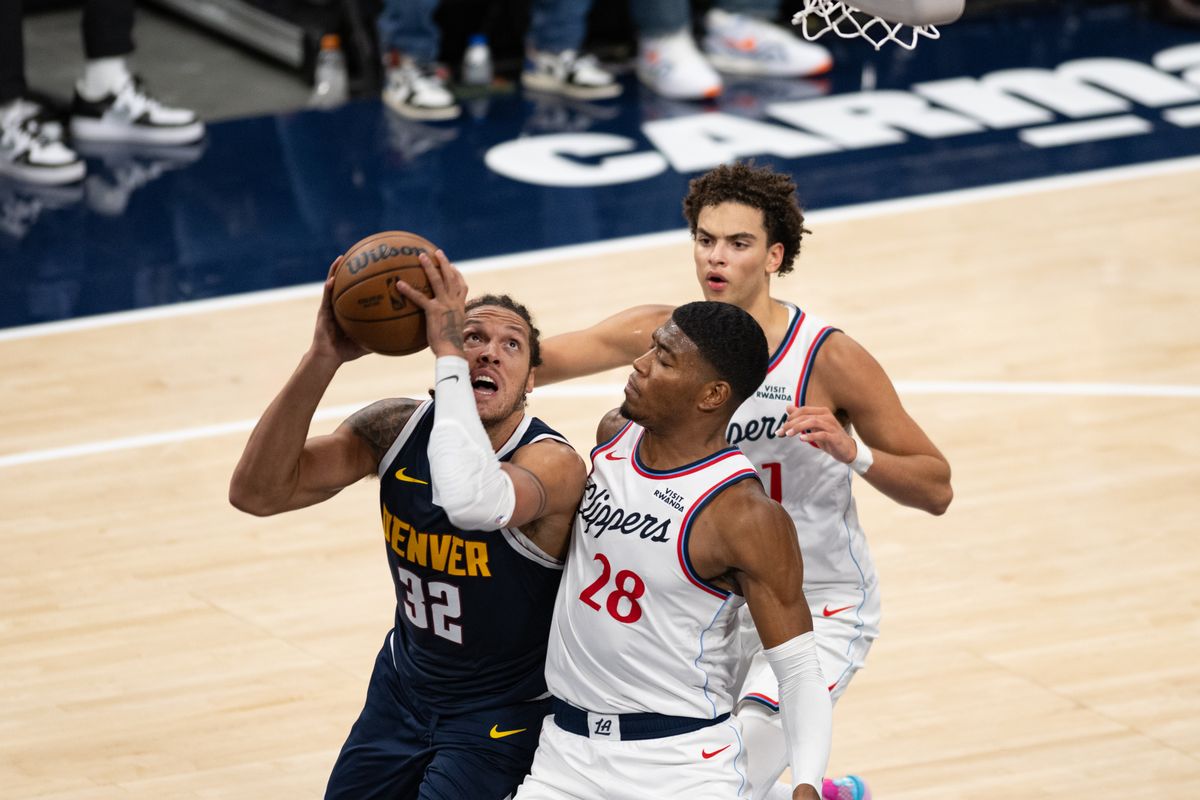 Denver Nuggets forward Aaron Gordon (32) makes a move under the basket during an NBA basketball game against the LA Clippers, Wednesday, October 14, 2026 in Inglewood. Denver Nuggets forward Aaron Gordon (32) makes a move under the basket during an NBA basketball game against the LA Clippers, Wednesday, October 14, 2026 in Inglewood.