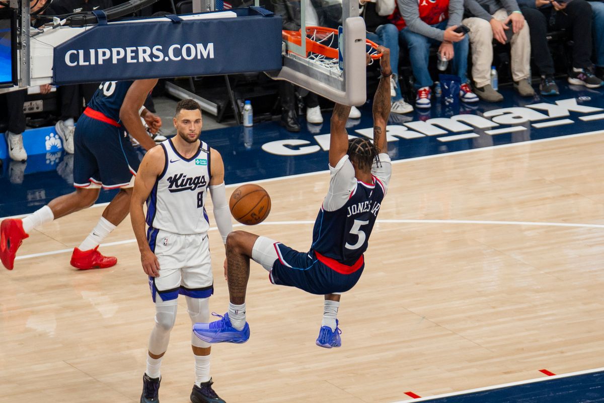 Los Angeles Clippers forward Derrick Jones Jr. (5) finishes an alley-oop during an NBA basketball game against the Sacramento Kings, Wednesday October 21st, 2026 in Los Angeles, California.