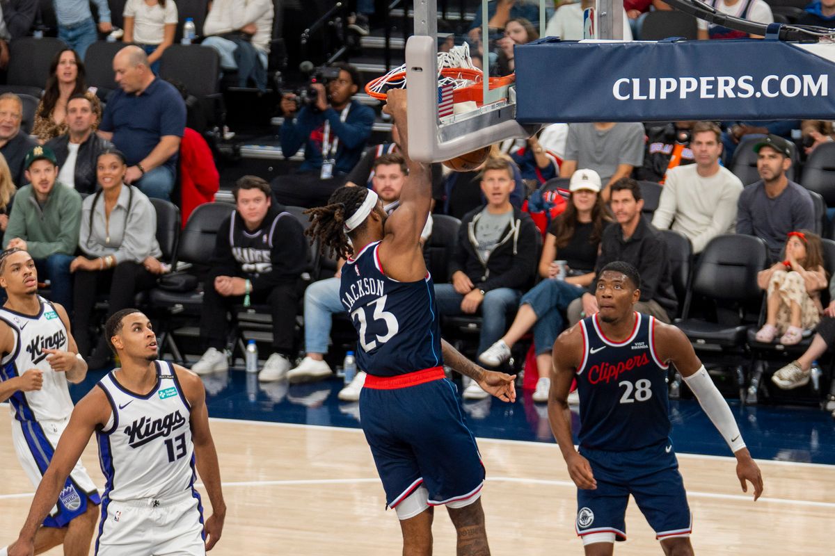 Los Angeles Clippers forward Isaiah Jackson (23) finishes with a dunk during an NBA basketball game against the Toronto Raptors, Wednesday March 25th, 2026 in Los Angeles, California.