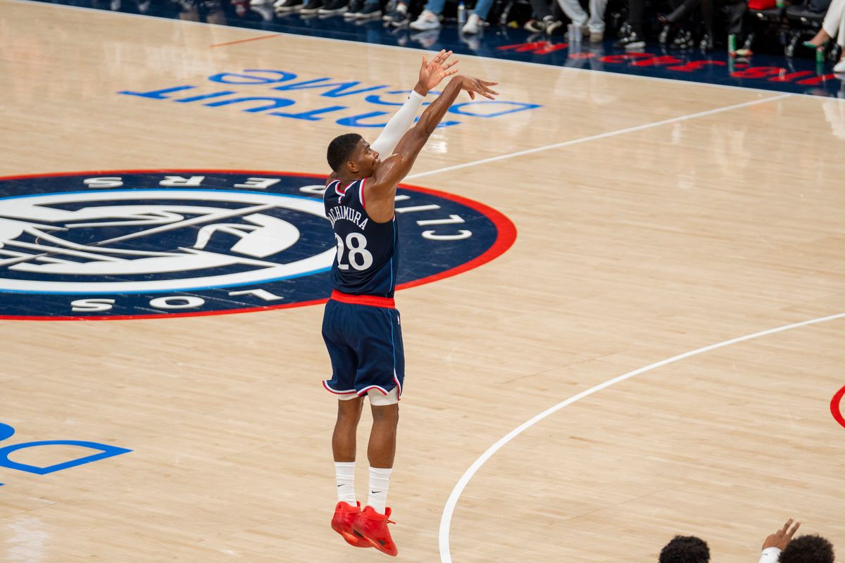 Los Angeles Clippers forward Rui Hachimura (28) shoots a three pointer during an NBA basketball game against the Sacramento Kings, Wednesday October 21st, 2026 in Los Angeles, California.