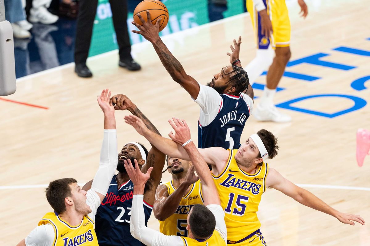 Los Angeles Clippers forward Derrick Jones Jr. (5) fights for possession during an NBA basketball game against the Los Angeles Lakers, Wednesday October 28th, 2026 in Inglewood, California. Los Angeles Clippers forward Derrick Jones Jr. (5) fights for possession during an NBA basketball game against the Los Angeles Lakers, Wednesday October 28th, 2026 in Inglewood, California.