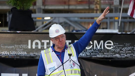 LA Clippers owner Steve Ballmer speaks at a topping off ceremony for the raising of the final steel beam at the Intuit Dome. The arena is scheduled to be completed in 2024. LA Clippers owner Steve Ballmer speaks at a topping off ceremony for the raising of the final steel beam at the Intuit Dome. The arena is scheduled to be completed in 2024.