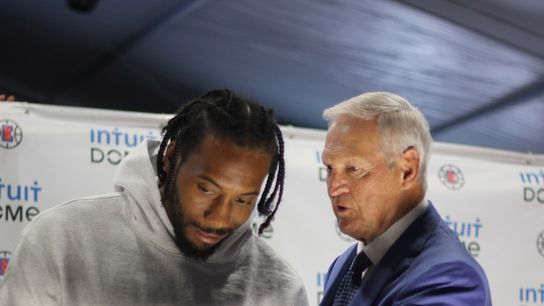 Kawhi Leonard and Jerry West talk at the Intuit Dome groundbreaking ceremony. Kawhi Leonard and Jerry West talk at the Intuit Dome groundbreaking ceremony.