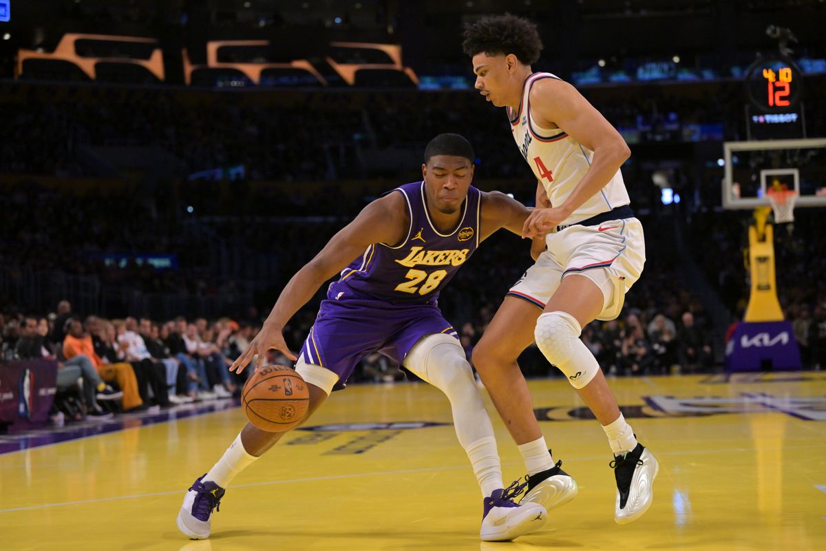 Nov 25, 2025; Los Angeles, California, USA; Los Angeles Lakers forward Rui Hachimura (28) is defended by Los Angeles Clippers guard Kobe Sanders (4) during the first half at Crypto.com Arena. Mandatory Credit: Jayne Kamin-Oncea-Imagn Images Nov 25, 2025; Los Angeles, California, USA; Los Angeles Lakers forward Rui Hachimura (28) is defended by Los Angeles Clippers guard Kobe Sanders (4) during the first half at Crypto.com Arena. Mandatory Credit: Jayne Kamin-Oncea-Imagn Images