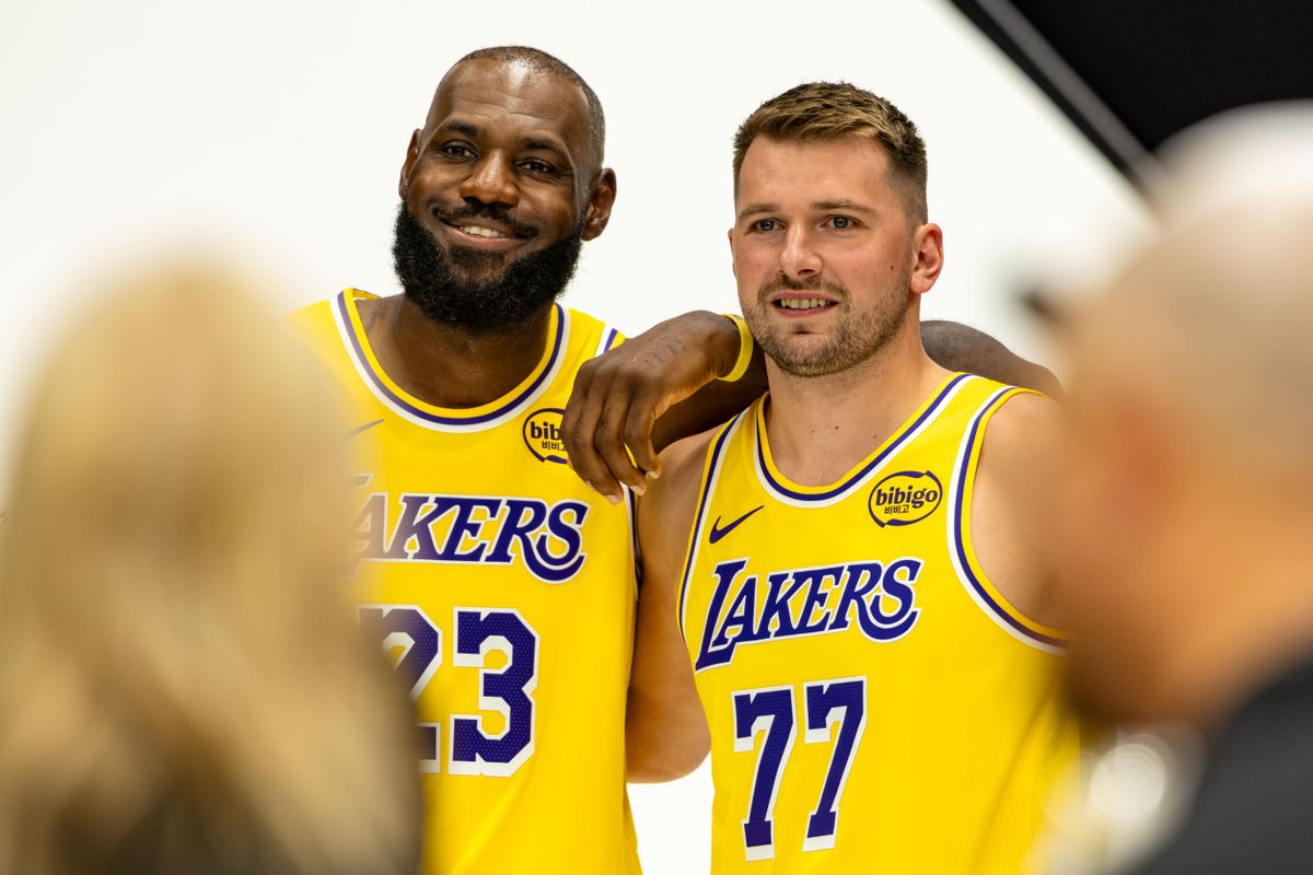 LeBron James #23 and Luka Doncic #77 of the Los Angeles Lakers pose together during Lakers Media Day at UCLA Health Training Center on September 29, 2025 in El Segundo, California. LeBron James #23 and Luka Doncic #77 of the Los Angeles Lakers pose together during Lakers Media Day at UCLA Health Training Center on September 29, 2025 in El Segundo, California.