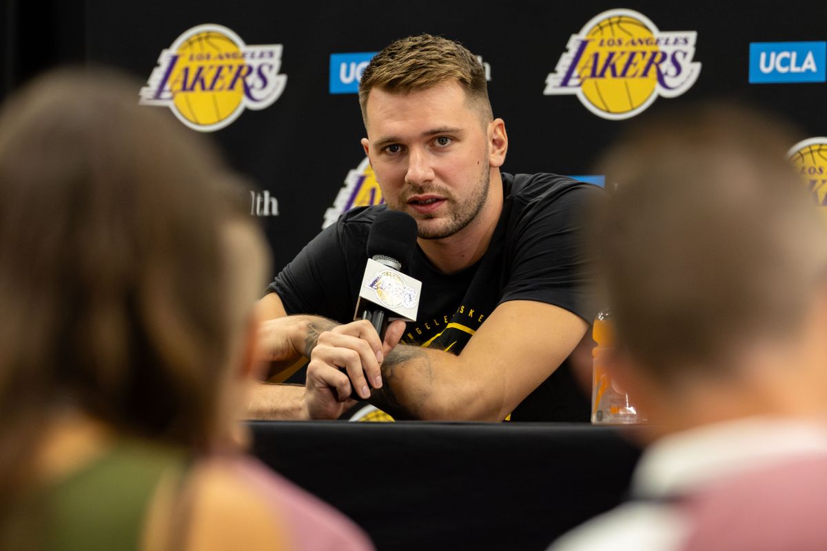 Luka Doncic #77 of the Los Angeles Lakers takes questions from the media during Lakers Media Day at UCLA Health Training Center on September 29, 2025 in El Segundo, California. Luka Doncic #77 of the Los Angeles Lakers takes questions from the media during Lakers Media Day at UCLA Health Training Center on September 29, 2025 in El Segundo, California.