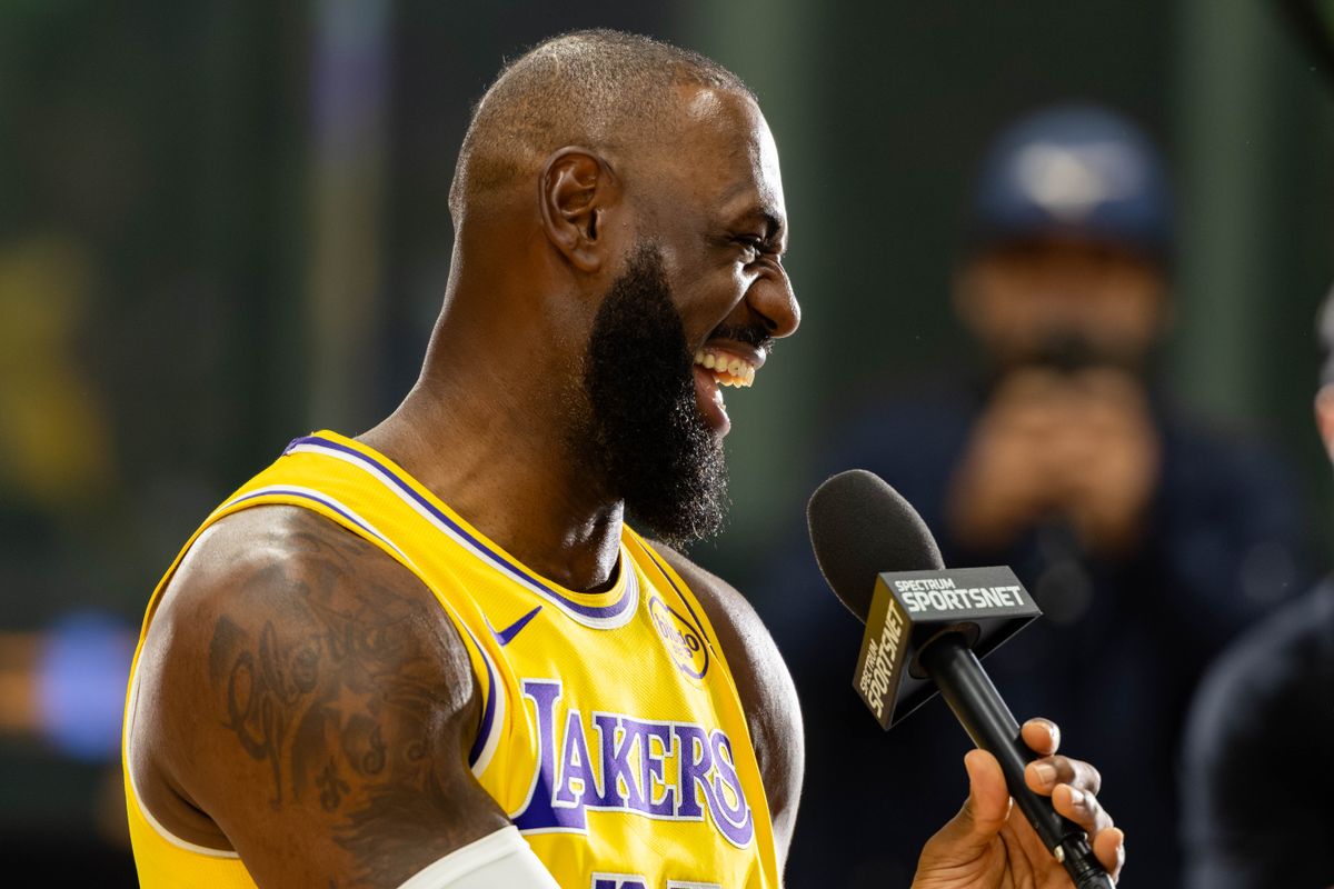 LeBron James #23 of the Los Angeles Lakers talks with the Spectrum SportsNet hosts during Lakers Media Day at UCLA Health Training Center on September 29, 2025 in El Segundo, California. LeBron James #23 of the Los Angeles Lakers talks with the Spectrum SportsNet hosts during Lakers Media Day at UCLA Health Training Center on September 29, 2025 in El Segundo, California.