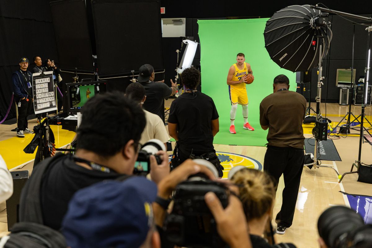 Luka Doncic #77 of the Los Angeles Lakers poses with the ball during Lakers Media Day at UCLA Health Training Center on September 29, 2025 in El Segundo, California. Luka Doncic #77 of the Los Angeles Lakers poses with the ball during Lakers Media Day at UCLA Health Training Center on September 29, 2025 in El Segundo, California.
