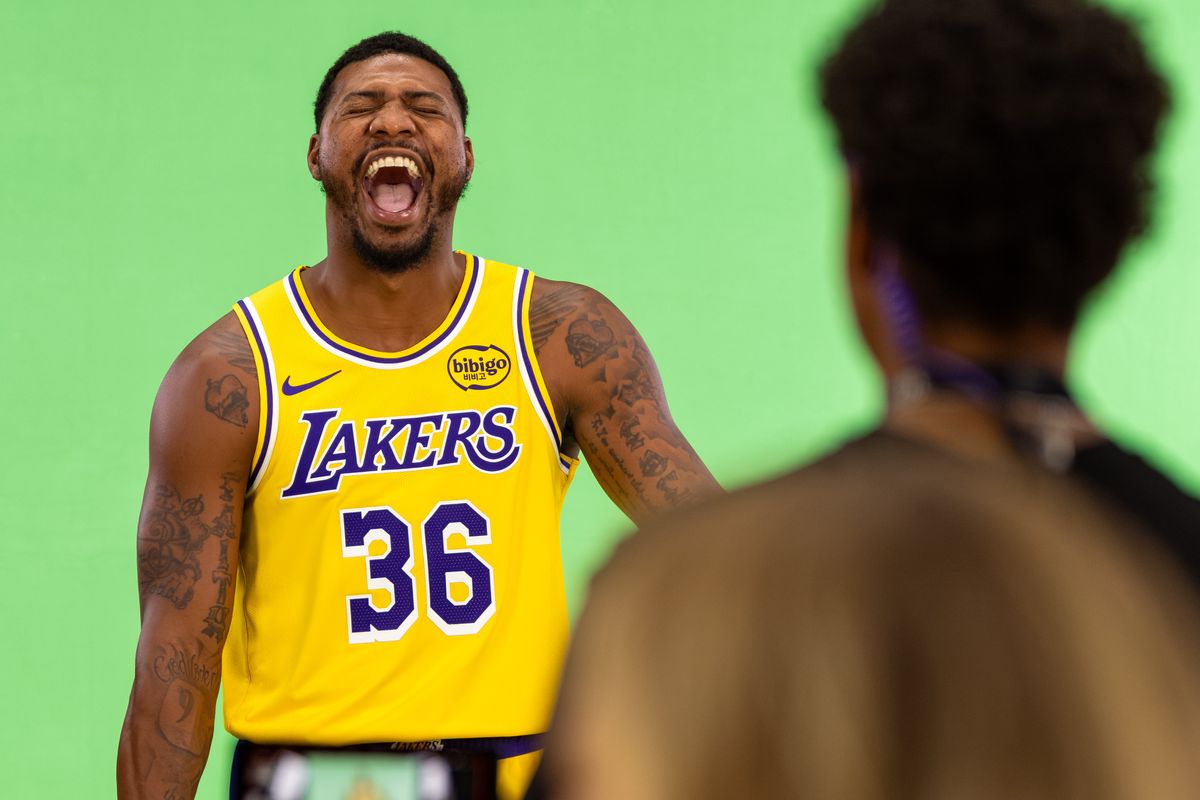 Marcus Smart #36 of the Los Angeles Lakers yells for the camera during Lakers Media Day at UCLA Health Training Center on September 29, 2025 in El Segundo, California. Marcus Smart #36 of the Los Angeles Lakers yells for the camera during Lakers Media Day at UCLA Health Training Center on September 29, 2025 in El Segundo, California.