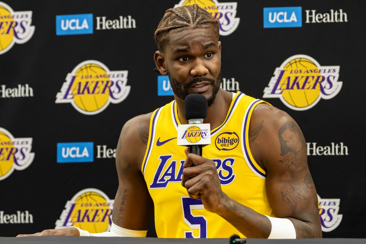 Deandre Ayton #5 of the Los Angeles Lakers takes questions from the media during Lakers Media Day at UCLA Health Training Center on September 29, 2025 in El Segundo, California. Deandre Ayton #5 of the Los Angeles Lakers takes questions from the media during Lakers Media Day at UCLA Health Training Center on September 29, 2025 in El Segundo, California.