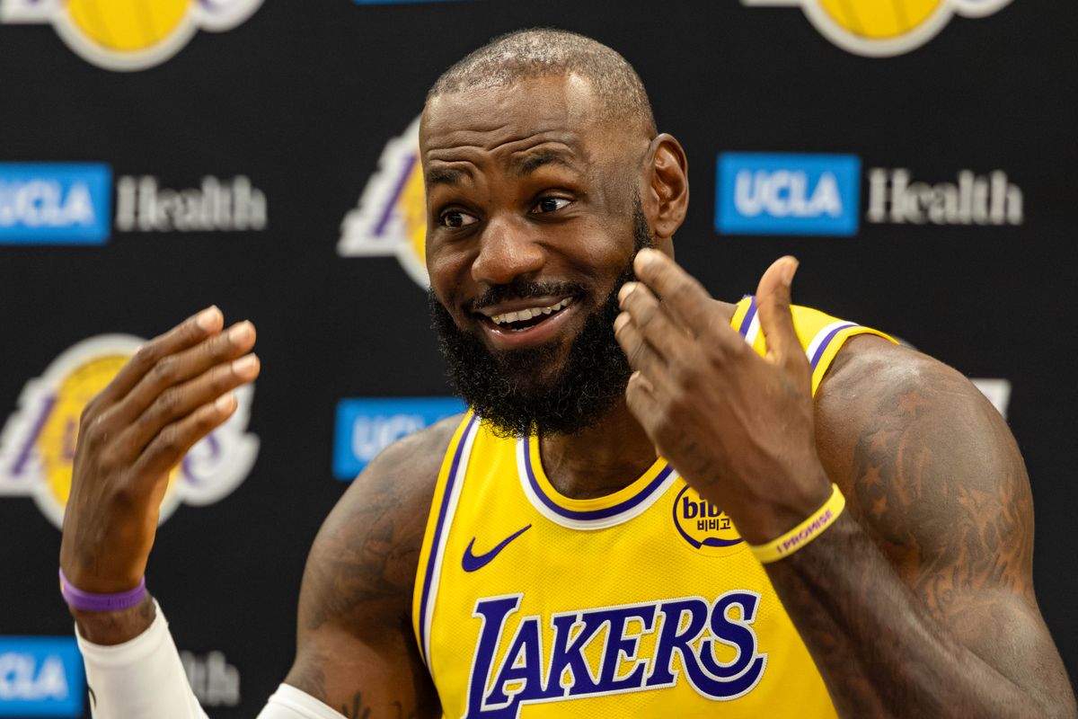 LeBron James #23 of the Los Angeles Lakers takes questions from the media during Lakers Media Day at UCLA Health Training Center on September 29, 2025 in El Segundo, California. LeBron James #23 of the Los Angeles Lakers takes questions from the media during Lakers Media Day at UCLA Health Training Center on September 29, 2025 in El Segundo, California.