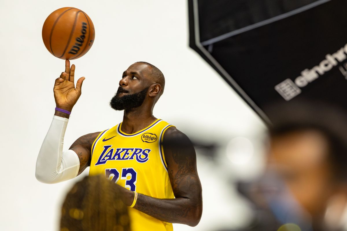 LeBron James #23 of the Los Angeles Lakers spins the ball on his finger during Lakers Media Day at UCLA Health Training Center on September 29, 2025 in El Segundo, California. LeBron James #23 of the Los Angeles Lakers spins the ball on his finger during Lakers Media Day at UCLA Health Training Center on September 29, 2025 in El Segundo, California.