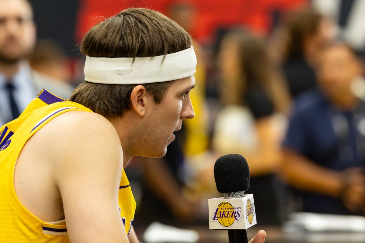 Austin Reaves #15 of the Los Angeles Lakers takes questions from the media during Lakers Media Day at UCLA Health Training Center on September 29, 2025 in El Segundo, California. Austin Reaves #15 of the Los Angeles Lakers takes questions from the media during Lakers Media Day at UCLA Health Training Center on September 29, 2025 in El Segundo, California.