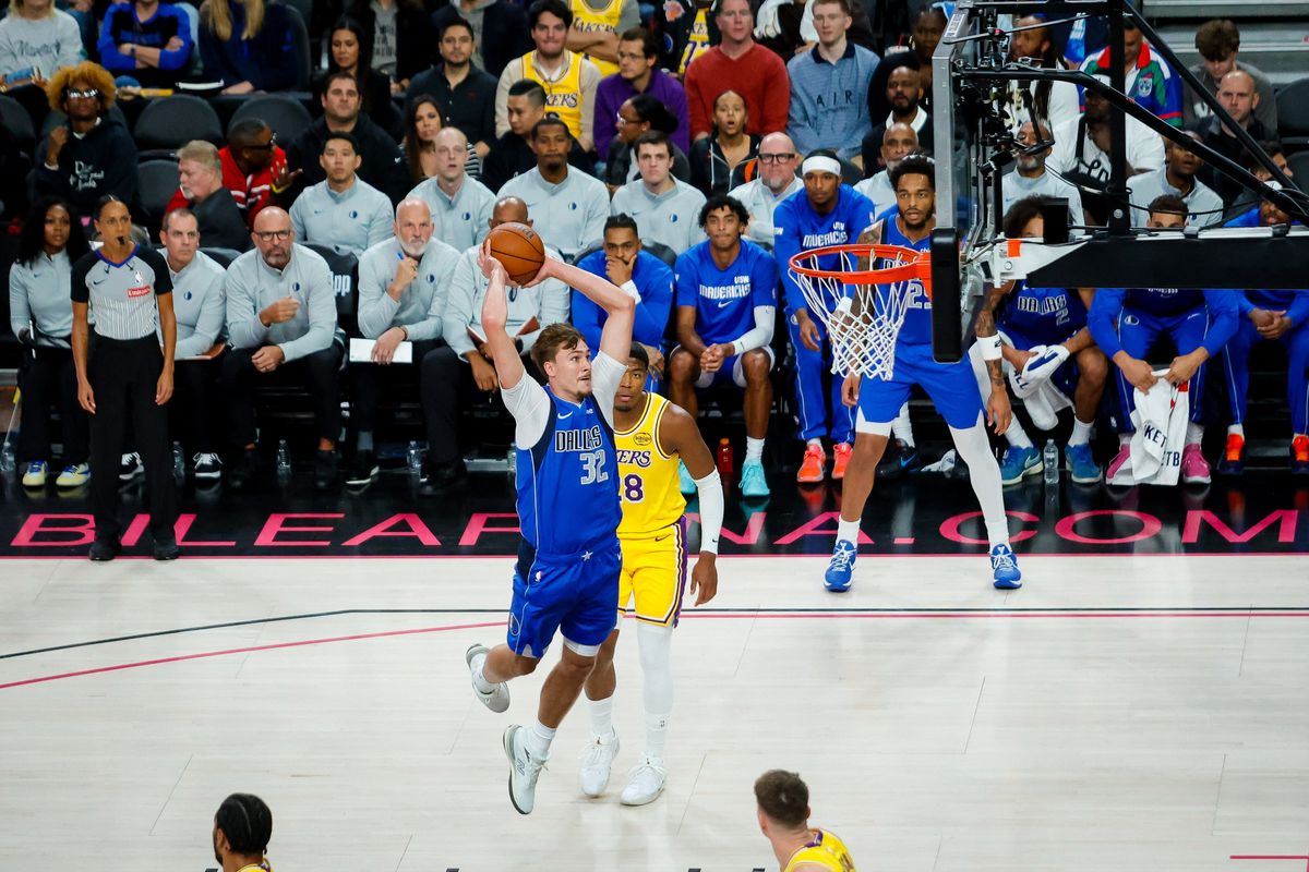 Dallas Mavericks forward Cooper Flagg (32) goes for a dunk during a NBA preseason game between the Los Angeles Lakers and the Dallas Mavericks, Wednesday October 15, 2025 in Las Vegas, Nev. Dallas Mavericks forward Cooper Flagg (32) goes for a dunk during a NBA preseason game between the Los Angeles Lakers and the Dallas Mavericks, Wednesday October 15, 2025 in Las Vegas, Nev.