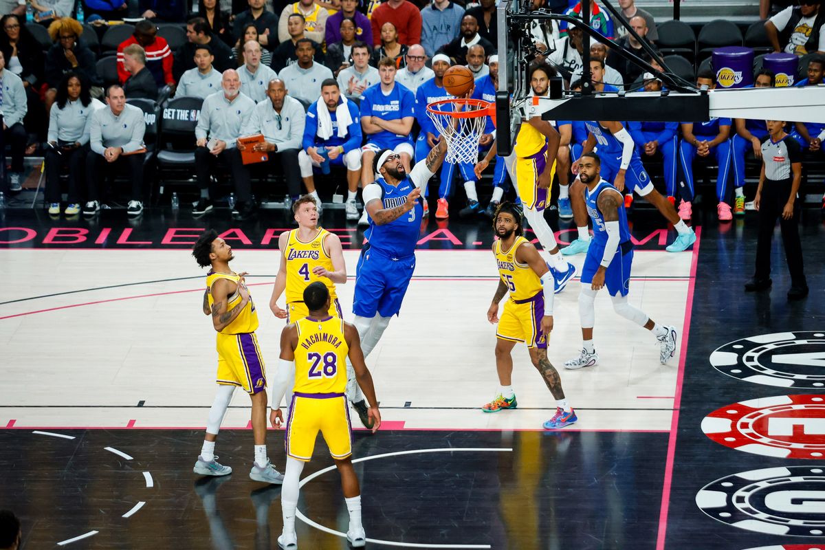 Dallas Mavericks forward Anthony Davis (3) goes for a lay-up during a NBA preseason game between the Los Angeles Lakers and the Dallas Mavericks, Wednesday October 15, 2025 in Las Vegas, Nev. Dallas Mavericks forward Anthony Davis (3) goes for a lay-up during a NBA preseason game between the Los Angeles Lakers and the Dallas Mavericks, Wednesday October 15, 2025 in Las Vegas, Nev.
