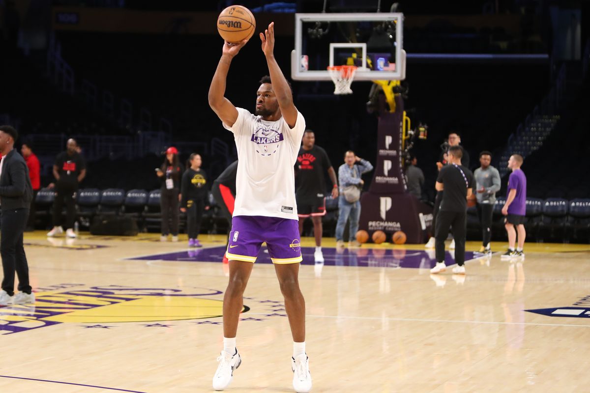#9 G Bronny James of the Los Angeles Lakers warmups prior to an NBA game against the Portland Trailblazers on October 27, 2025 in Los Angeles, CA.