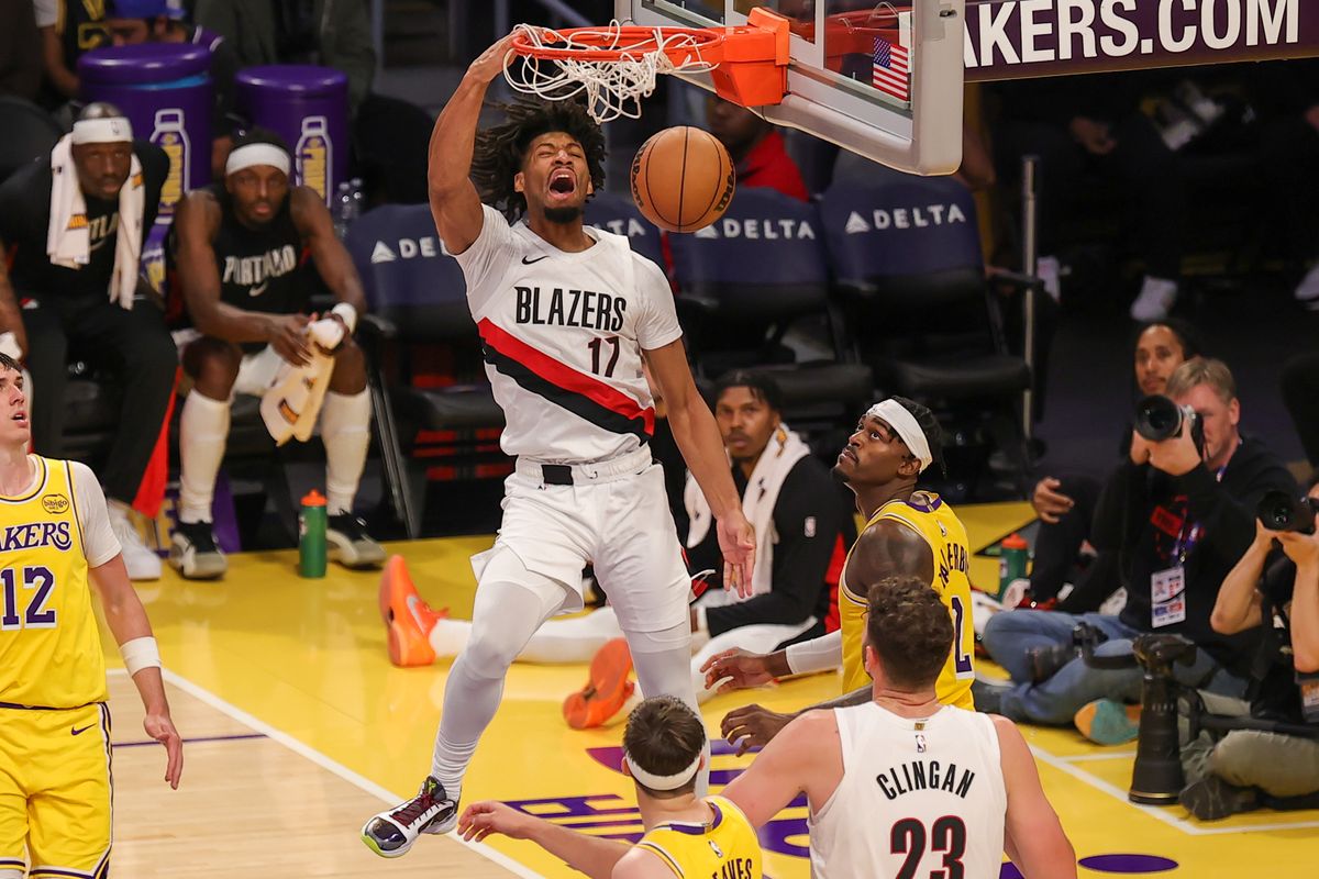 #17 G Shaedon Sharpe of the Portland Trailblazers dunks the basketball during an NBA game against the Los Angeles Lakers on October 27, 2025 in Los Angeles, CA.  