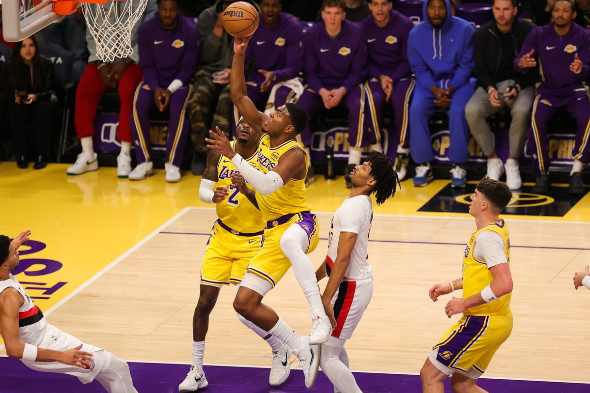 #28 F Rui Hachimura attempts a layup during an NBA game against the Portland Trailblazers on October 27, 2025 in Los Angeles, CA.