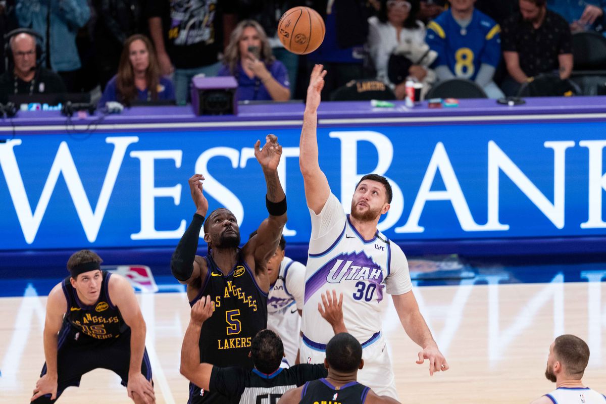LA Lakers center Deanre Ayton (5), jumping for tip-off at an NBA basketball game against the Utah Jazz,Tuesday November 18th, 2025 in Los Angeles California