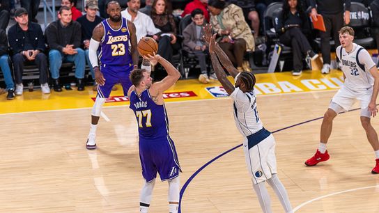 Los Angeles Lakers Guard Luka Doncic (77) takes a jumpshot during an NBA basketball game against the Dallas Mavericks, Friday November 28th, 2025 in Los Angeles, California.