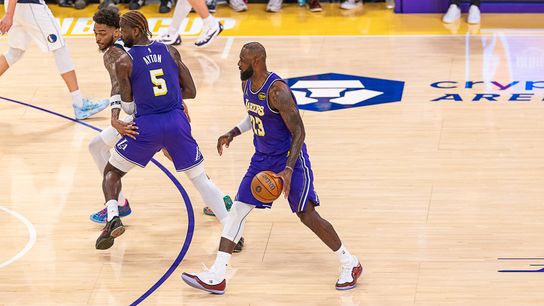 Los Angeles Lakers Forward Lebron James (23) dribbles the ball during an NBA basketball game against the Dallas Mavericks, Friday November 28th, 2025 in Los Angeles, California.