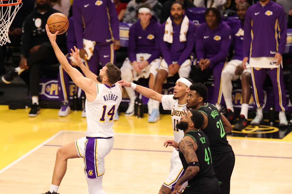 #14 F/C Maxi Kleba of the Los Angeles Lakers attempts a lay up during an NBA game against the New Orleans Pelicans on November 30, 2025 in Los Angeles, CA.