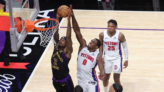 #2 C Jarred Vanderbilt of the Los Angeles Lakers attempts a slam dunk during an NBA game against the Detroit Pistons on December 30, 2025 in Los Angeles, CA.
