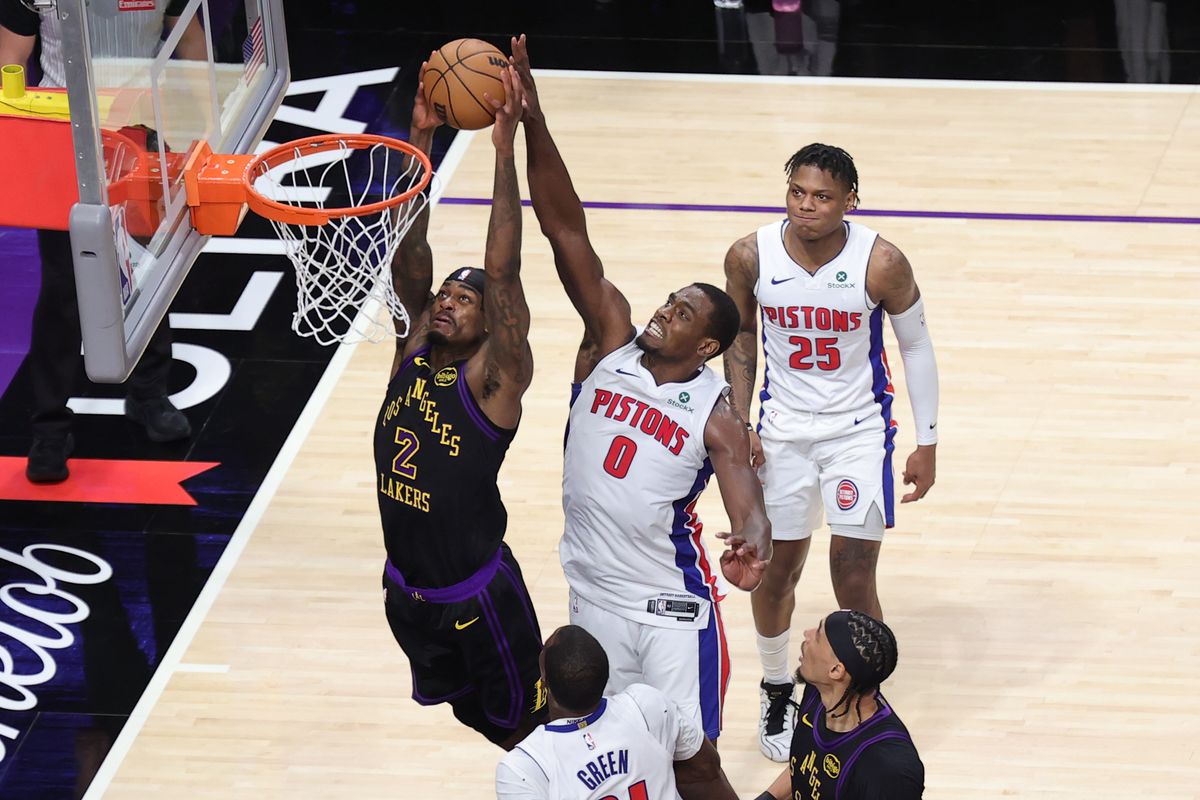 #2 C Jarred Vanderbilt of the Los Angeles Lakers attempts a slam dunk during an NBA game against the Detroit Pistons on December 30, 2025 in Los Angeles, CA.
