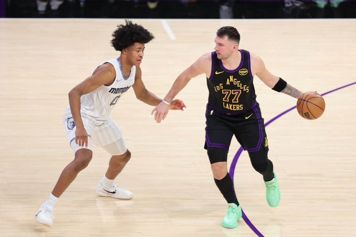 #77 PG Luka Doncic of the Los Angeles Lakers dribbles the basketball during an NBA game against the Memphis Grizzlies on January 2, 2026 in Los Angeles, CA.