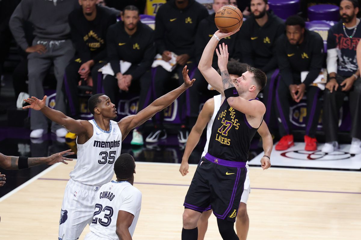#77 PG Luka Doncic of the Los Angeles Lakers shoots the basketball during an NBA game against the Memphis Grizzlies on January 2, 2026 in Los Angeles, CA.