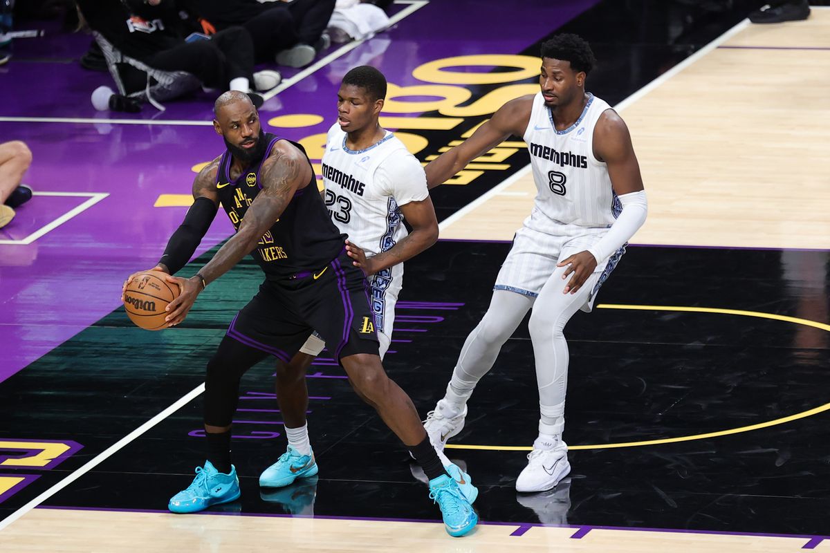 #23 SF LeBron James of the Los Angeles Lakers looks for an open teammate during an NBA game against the Memphis Grizzlies on January 2, 2026 in Los Angeles, CA.