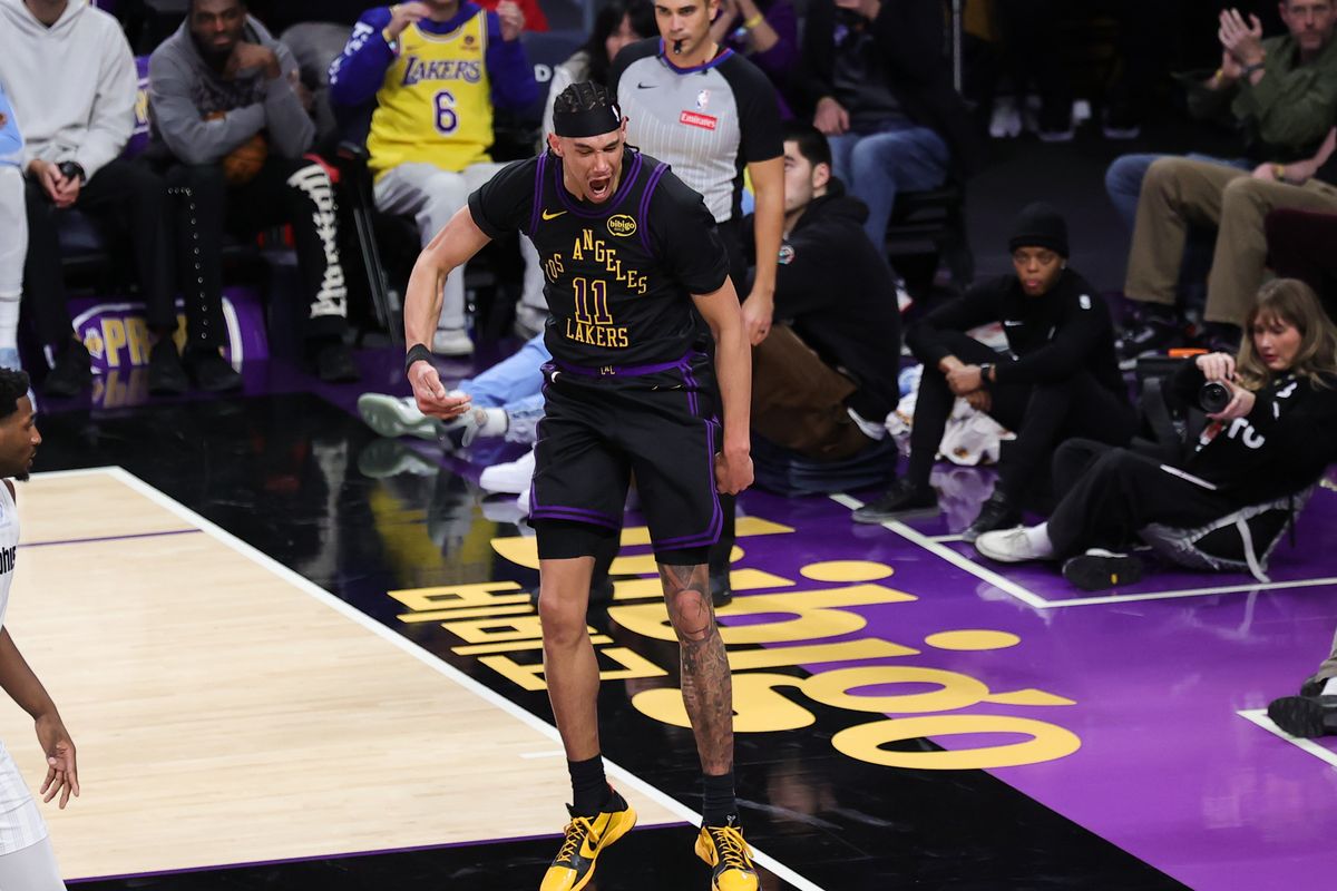 #11 C/F Jaxson Hayes of the Los Angeles Lakers celebrates a slam dunk during an NBA game against the Memphis Grizzlies on January 2, 2026 in Los Angeles, CA.
