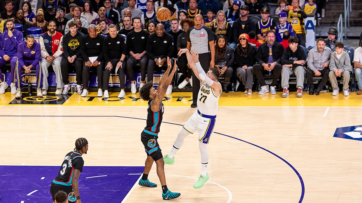 Los Angeles Lakers Luka Doncic 77 takes a jump shot during NBA game against the Memphis Grizzlies on Sunday January 4th, 2026, in Los Angeles California. 