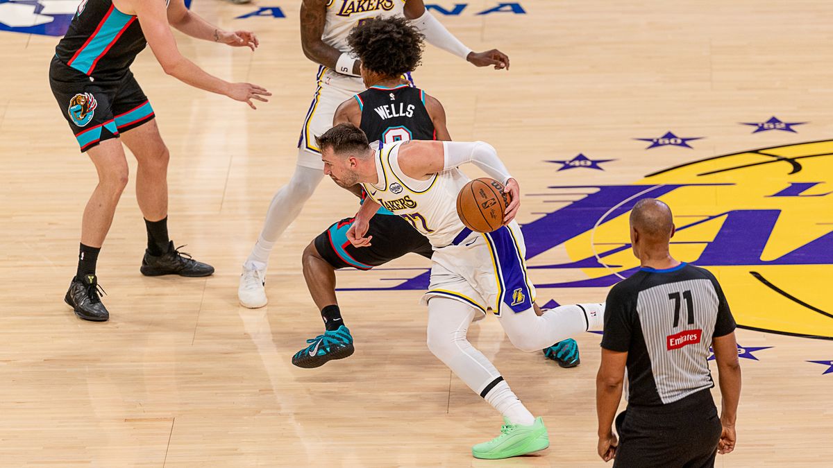 Los Angeles Lakers Luka Doncic 77 dribbles the ball during NBA game against the Memphis Grizzlies on Sunday January 4th, 2026, in Los Angeles California. 