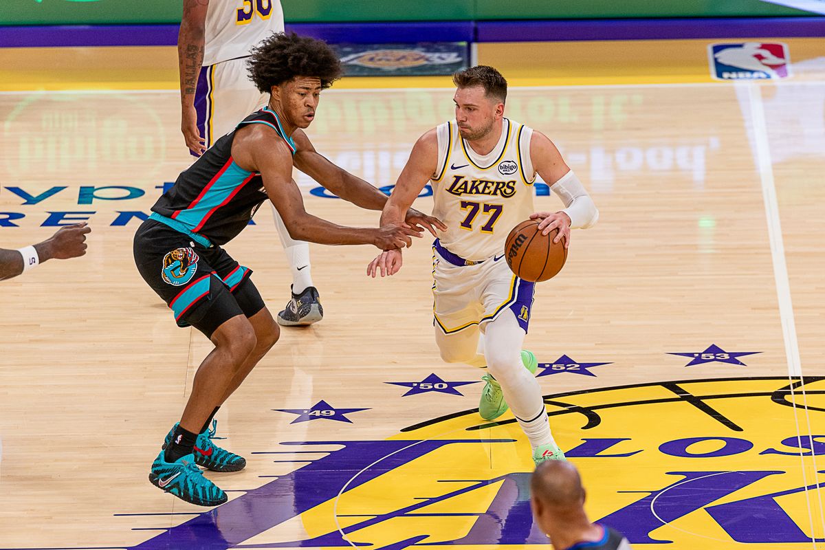 Los Angeles Lakers Luka Doncic 77 dribbles the ball during NBA game against the Memphis Grizzlies on Sunday January 4th, 2026, in Los Angeles California. 