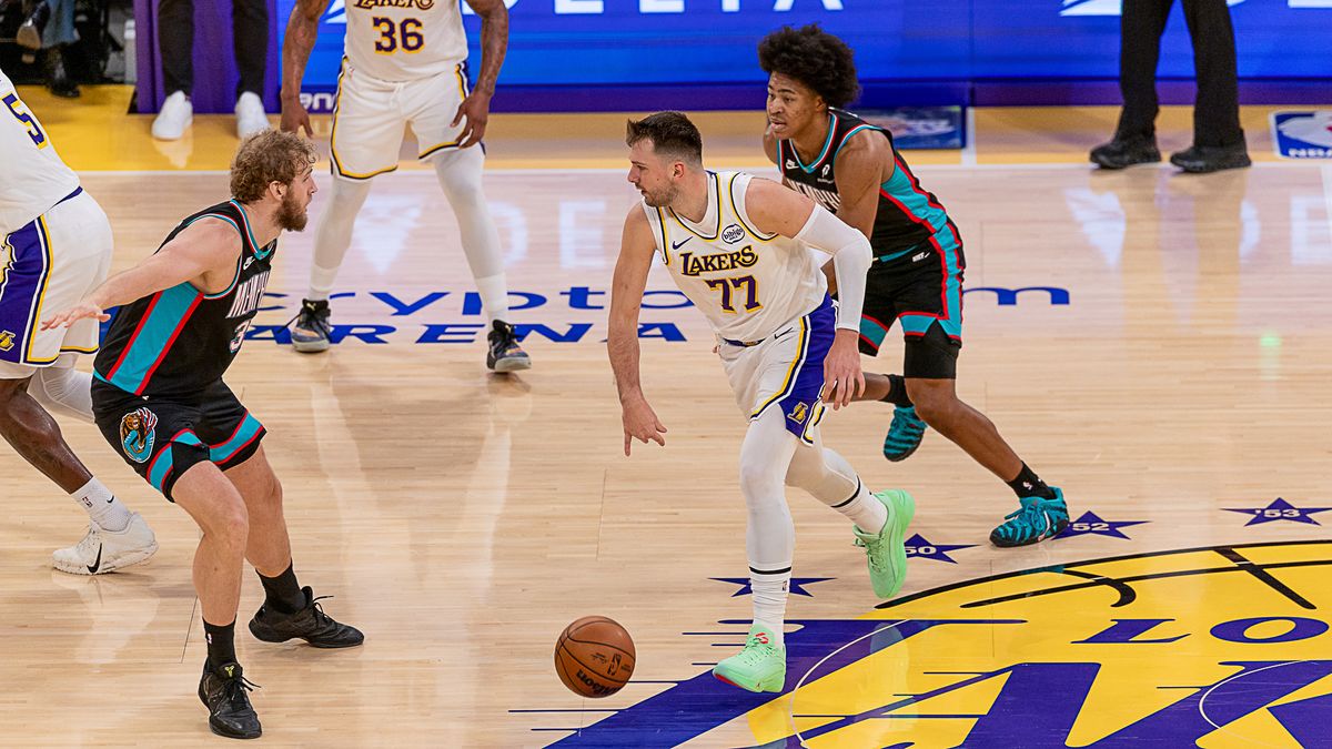 Los Angeles Lakers Luka Doncic 77 dribbles the ball during NBA game against the Memphis Grizzlies on Sunday January 4th, 2026, in Los Angeles California. 