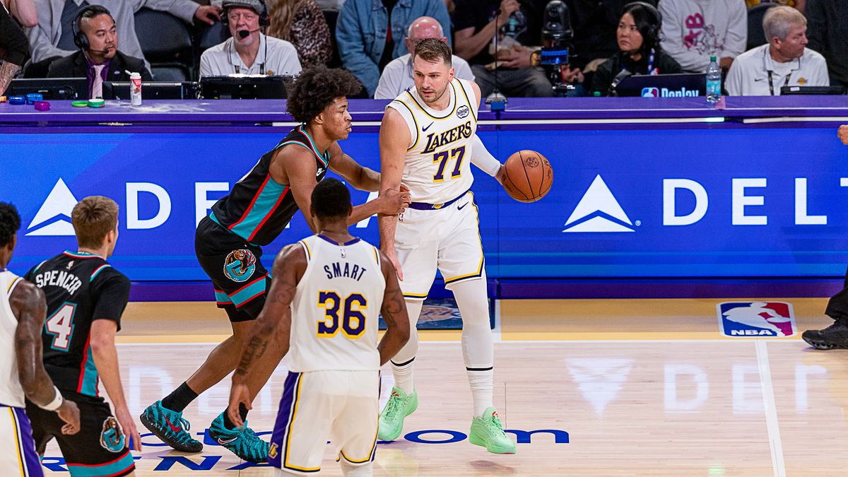 Los Angeles Lakers Luka Doncic 77 dribbles the ball during NBA game against the Memphis Grizzlies on Sunday January 4th, 2026, in Los Angeles California. 