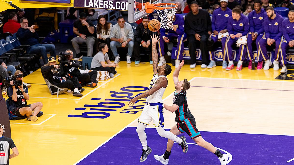 Los Angeles Lakers Marcus Smart 36 takes a layup during NBA game against the Memphis Grizzlies on Sunday January 4th, 2026, in Los Angeles California. 