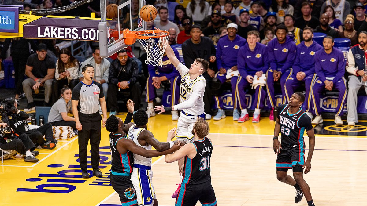 Los Angeles Lakers Jake LaRavia takes a layup during NBA game against the Memphis Grizzlies on Sunday January 4th, 2026, in Los Angeles California. 
