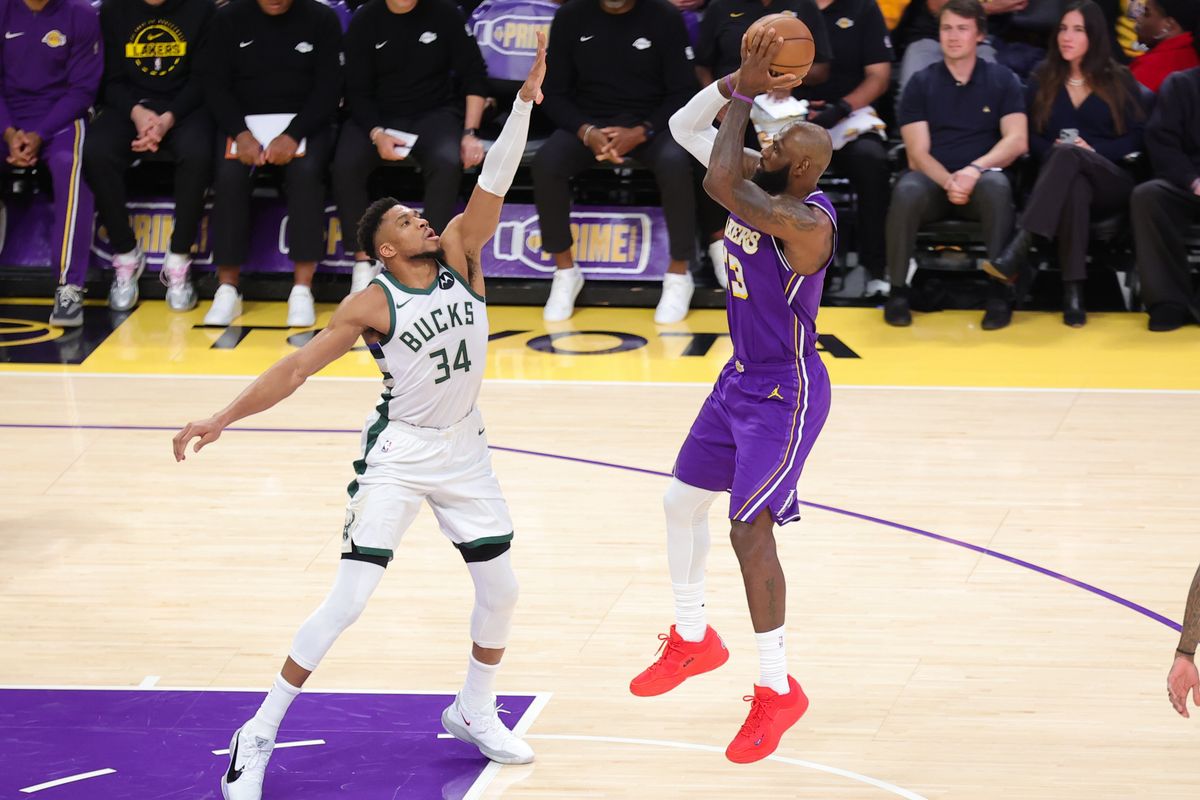 Los Angeles Lakers SF LeBron James (23) shoots the basketball during an NBA game against the Milwaukee Bucks on January 9, 2026 in Los Angeles, CA.