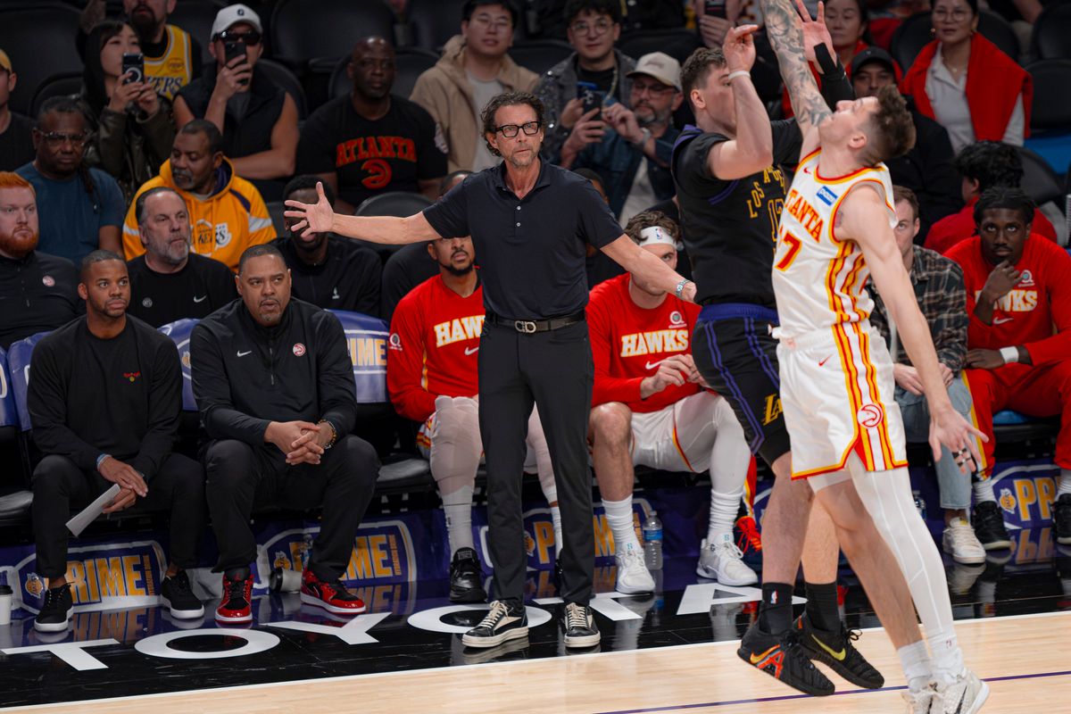 Atlanta Hawks head coach visibly upset over a lack of fouls called during an NBA basketball game against the Los Angeles Lakers on January 13th, 2026 in Los Angeles, CA.