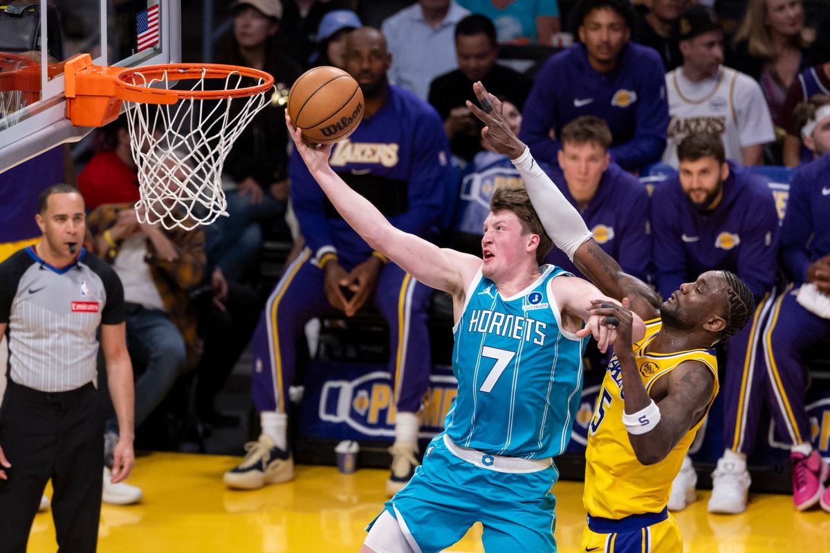 Kon Knueppel #7 of the Charlotte Hornets lays the ball up during an NBA basketball game against the Los Angeles Lakers, Thursday January 15, 2026 in Inglewood, Calif.