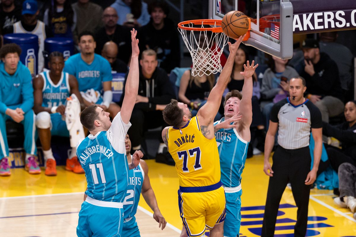 Luka Doncic #77 of the Los Angeles Lakers lays the ball up during an NBA basketball game against the Charlotte Hornets, Thursday January 15, 2026 in Inglewood, Calif.