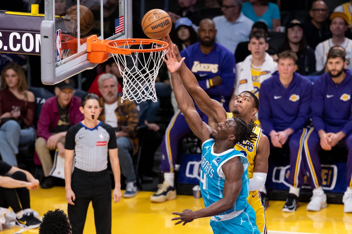 Rui Hachimura #28 of the Los Angeles Lakers blocks the shot by Sion James #4 of the Charlotte Hornets during an NBA basketball game, Thursday January 15, 2026 in Inglewood, Calif.