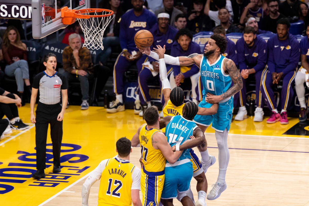 Miles Bridges #0 of the Charlotte Hornets lays the ball up during an NBA basketball game against the Charlotte Hornets, Thursday January 15, 2026 in Inglewood, Calif.