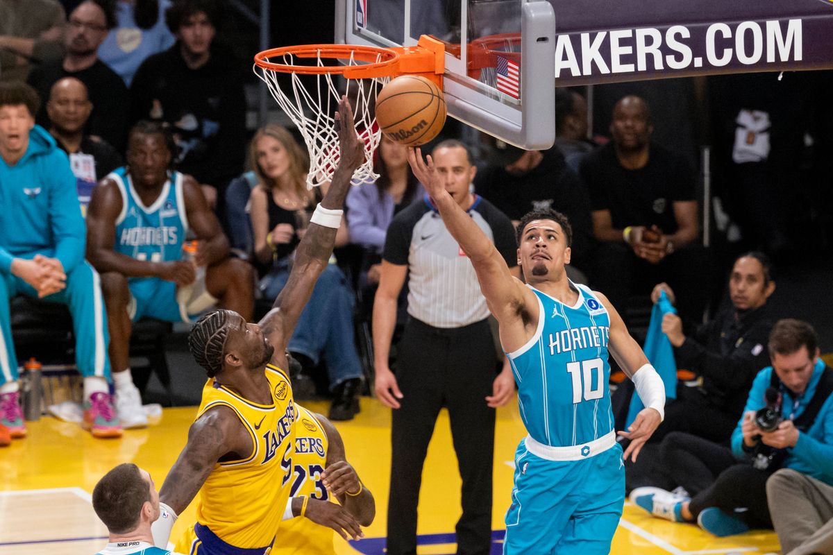 Josh Green #10 of the Charlotte Hornets lays the ball up during an NBA basketball game against the Los Angeles Lakers, Thursday January 15, 2026 in Inglewood, Calif.