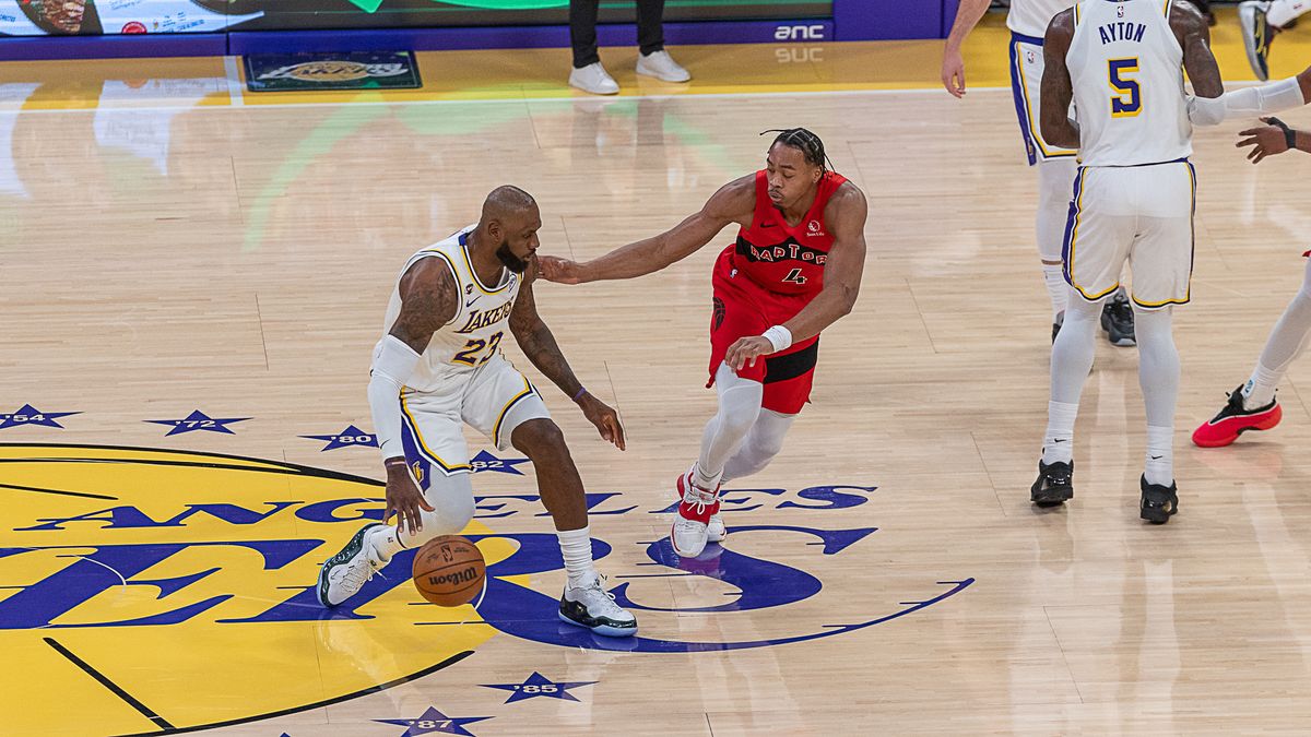 Los Angeles Lakers Lebron James 23 dribbles the ball during NBA game against the Toronto Raptors on Sunday January 18th, 2026, in Los Angeles California. 