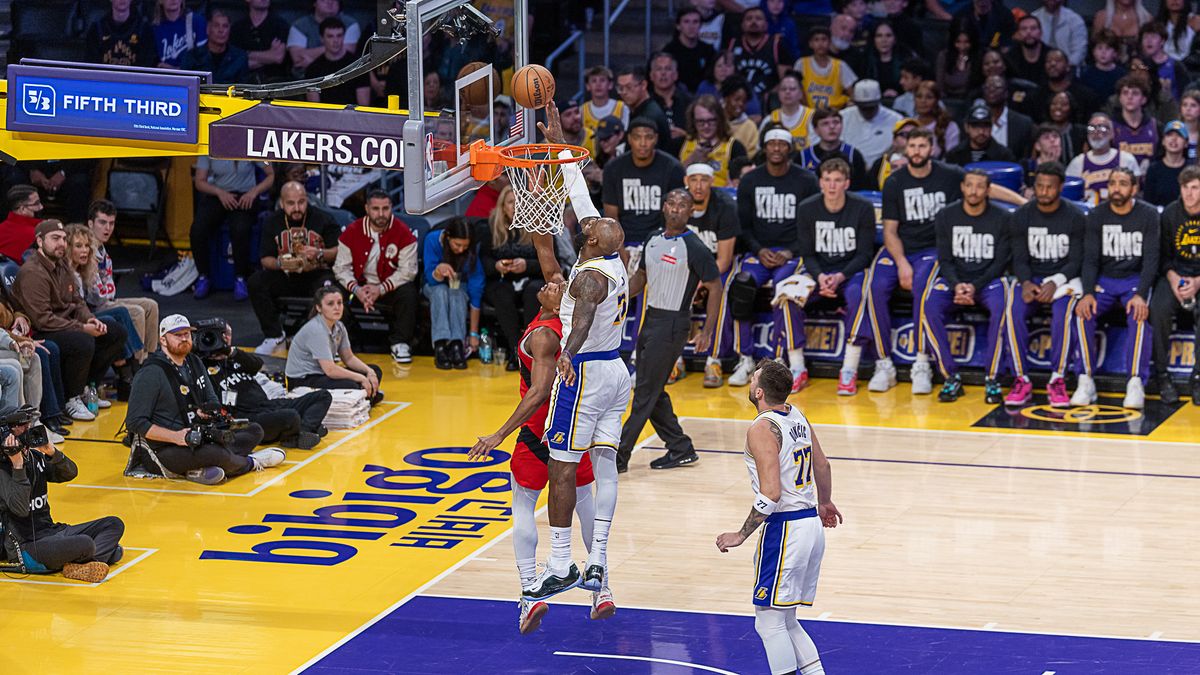 Los Angeles Lakers Lebron James 23 blocks the shot during NBA game against the Toronto Raptors on Sunday January 18th, 2026, in Los Angeles California. 