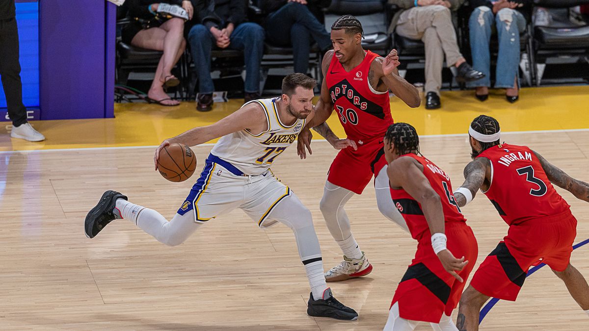 Los Angeles Lakers Luka Doncic 77 dribbles the ball during NBA game against the Toronto Raptors on Sunday January 18th, 2026, in Los Angeles California. 